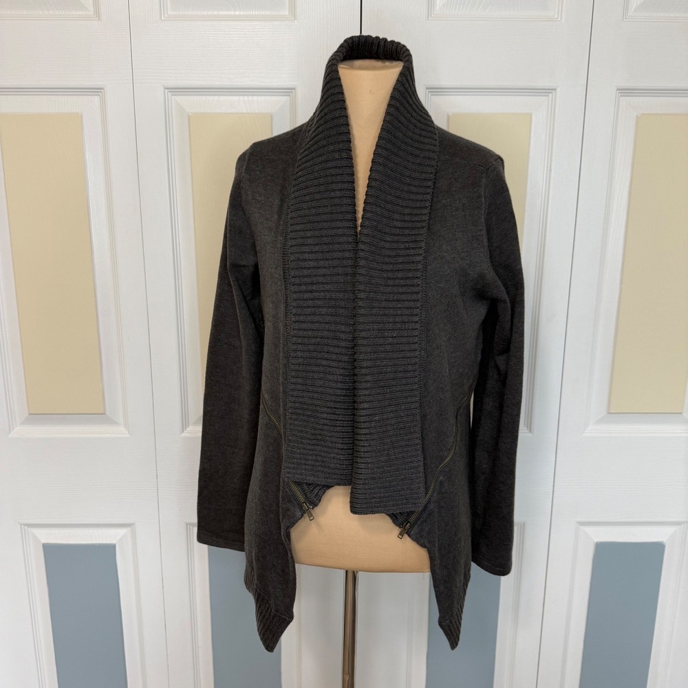 Pixley Womens Charcoal Gray Ribbed Shawl Collar Open Front Cardigan Size M Zip